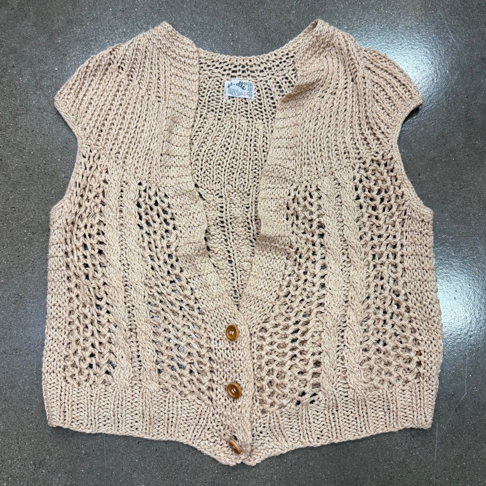 Vintage Tres-Elle Silk Blend Open Knit Cardigan Vest Beige Tan Women Large
